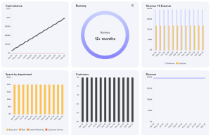 A dashboard with six charts: Cash balance, Runway (12+ months), Revenue vs Expense, Spend by department, Customers, and Revenue.