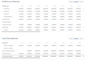 Profit & Loss and Cash Flow statements quarterly from Q2 2022 to Q1 2024, showing revenue, expenses, and net profit.