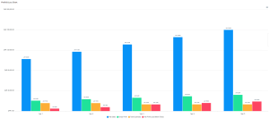 Bar chart titled "Profit & Loss Chart" compares net sales, gross profit, total expenses, and net profit/loss before taxes over five years.