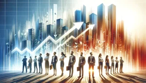 Businesspeople stand together with rising arrows and skyscrapers, symbolizing growth and success in a vibrant cityscape.