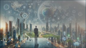 image that visually represents the future of business, incorporating elements such as digital transformation, sustainability, innovation