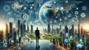 image that visually represents the future of business, incorporating elements such as digital transformation, sustainability, innovation