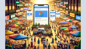 A bustling market with colorful stalls and people surrounding oversized smartphone screens displaying a search engine logo.