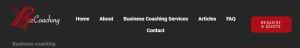 BizCoaching website navigation bar with links to Home, About, Services, Articles, FAQ, Contact, and a red "Request a Quote" button.