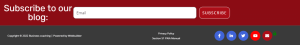 Subscribe to our blog form with email input, subscribe button, and footer with social media icons and copyright notice.