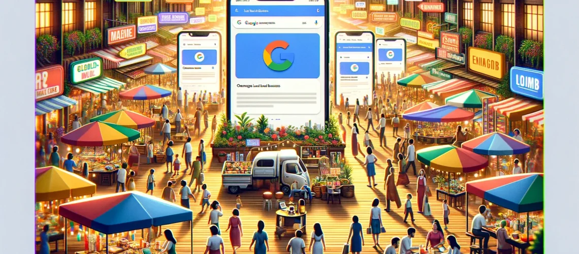 A bustling market with colorful stalls and people surrounding oversized smartphone screens displaying a search engine logo.