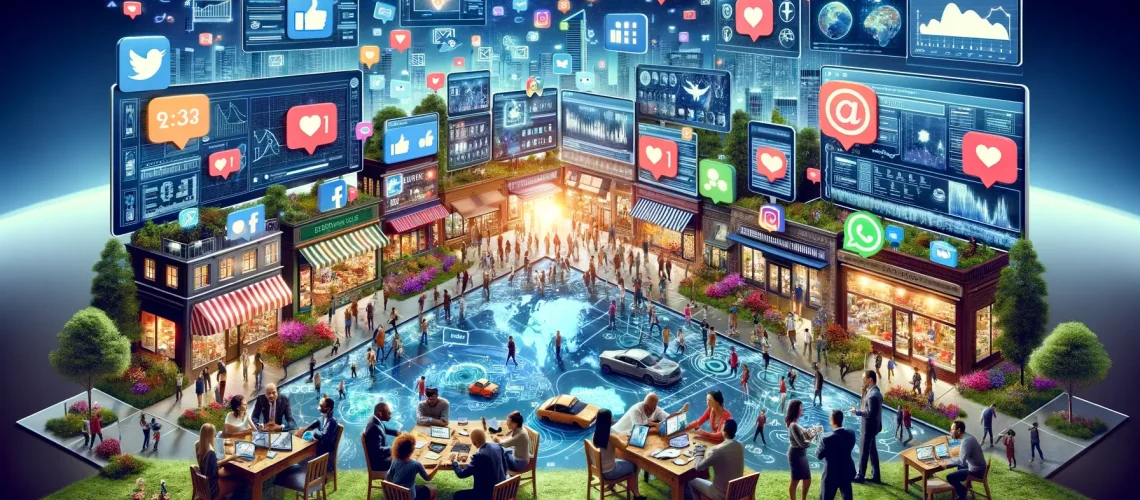People interacting in a digital town square with social media icons and analytics data displayed above them, representing global connectivity.